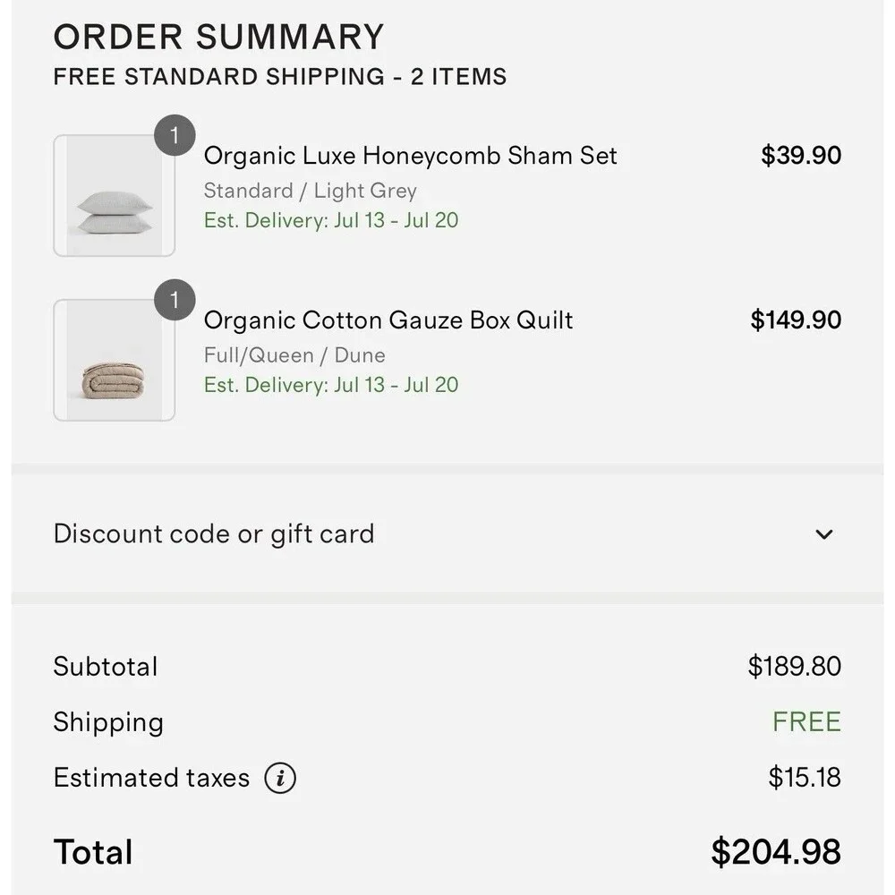 Quince Organic Airy Gauze Box Quilt & Honeycomb Sham Set Queen Dune Gray $204